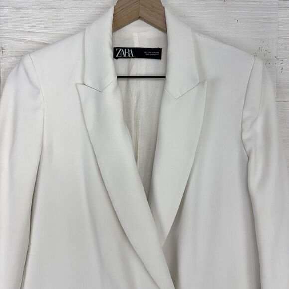 Zara Longline White Double Breasted‎ Blazer Women S Tailored Notch Collar Lined - Picture 3 of 16